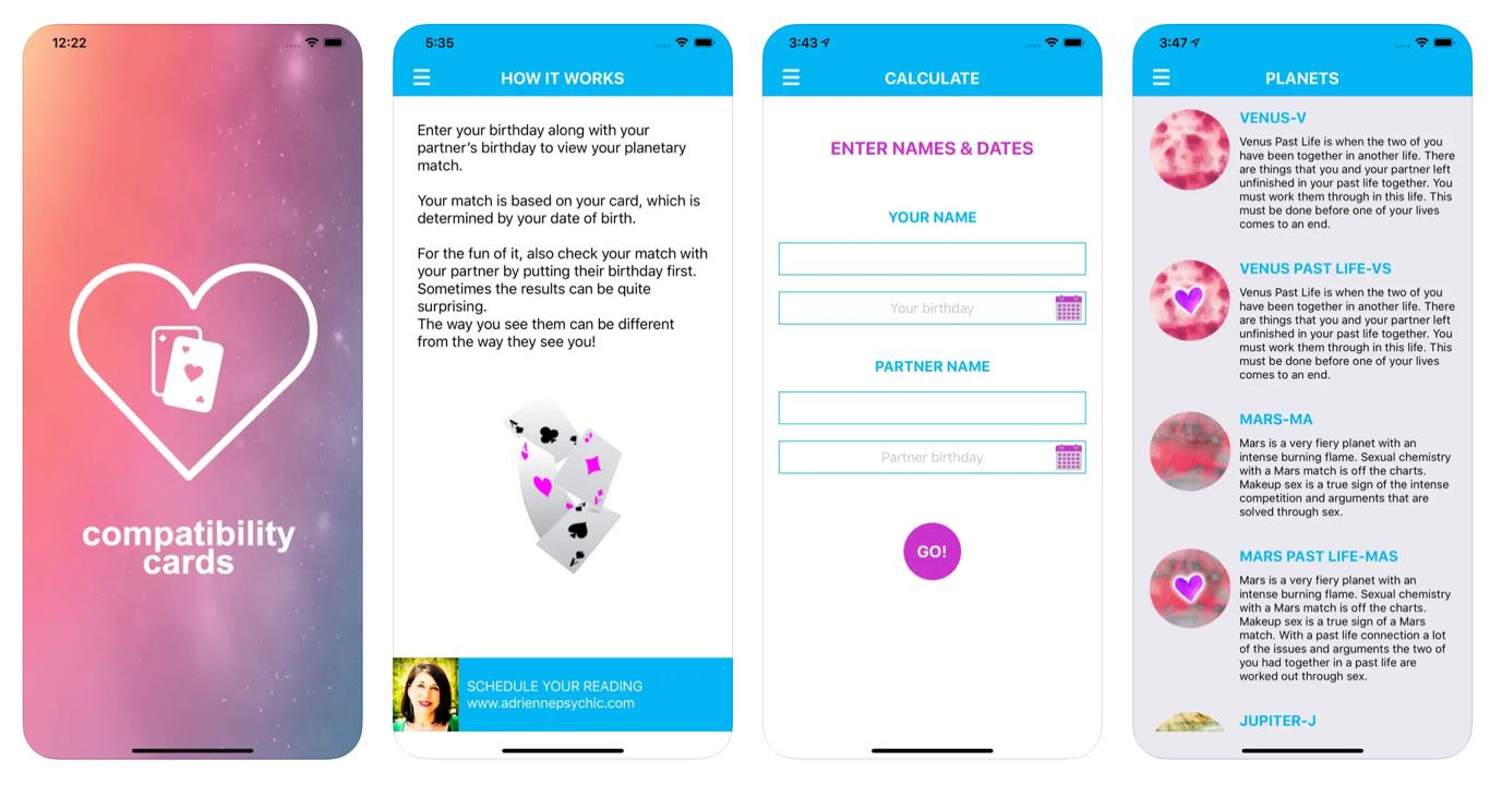 Screenshots of Compatibility Cards, Adrienne Myles' app for love guidance.