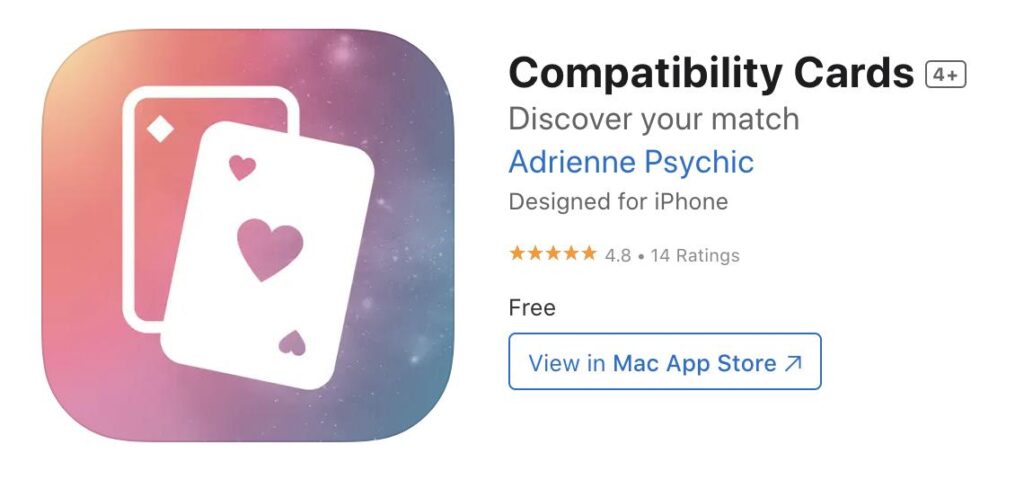 A smartphone displaying Adrienne Myles' Compatibility Cards app.